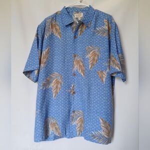 Islander Vintage Mens Hawaiian Shirt Size L Color Blue Tan Palm Leave Print